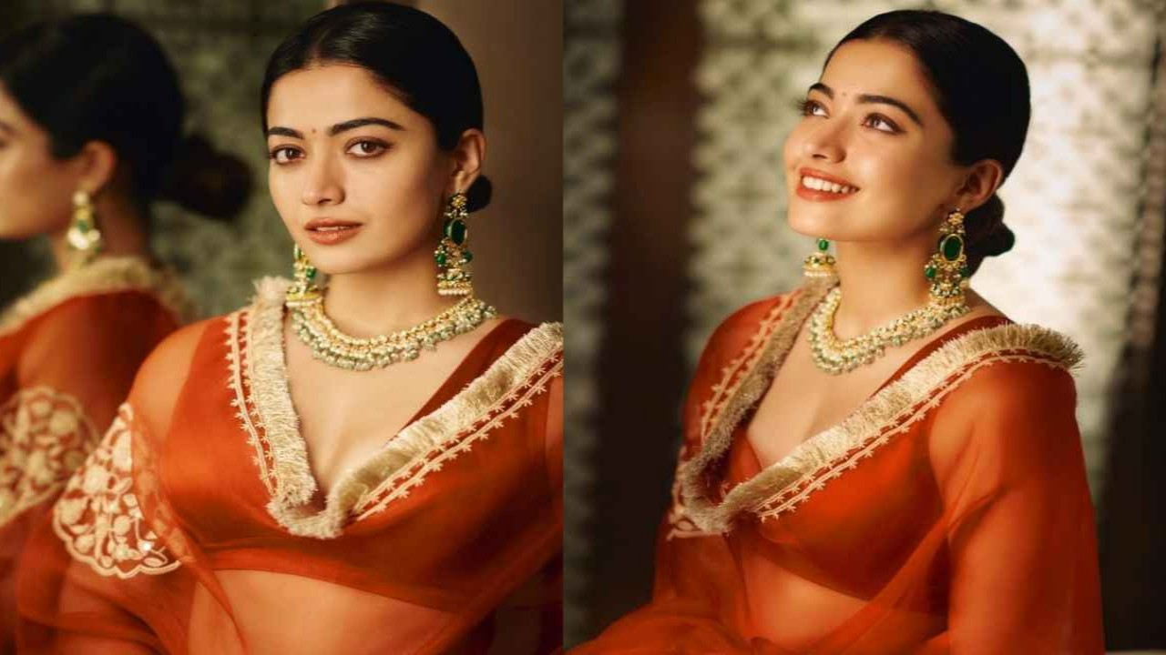 Rashmika Mandanna gives us a taste of festive glam in orange organza lehenga with gold embroidery
