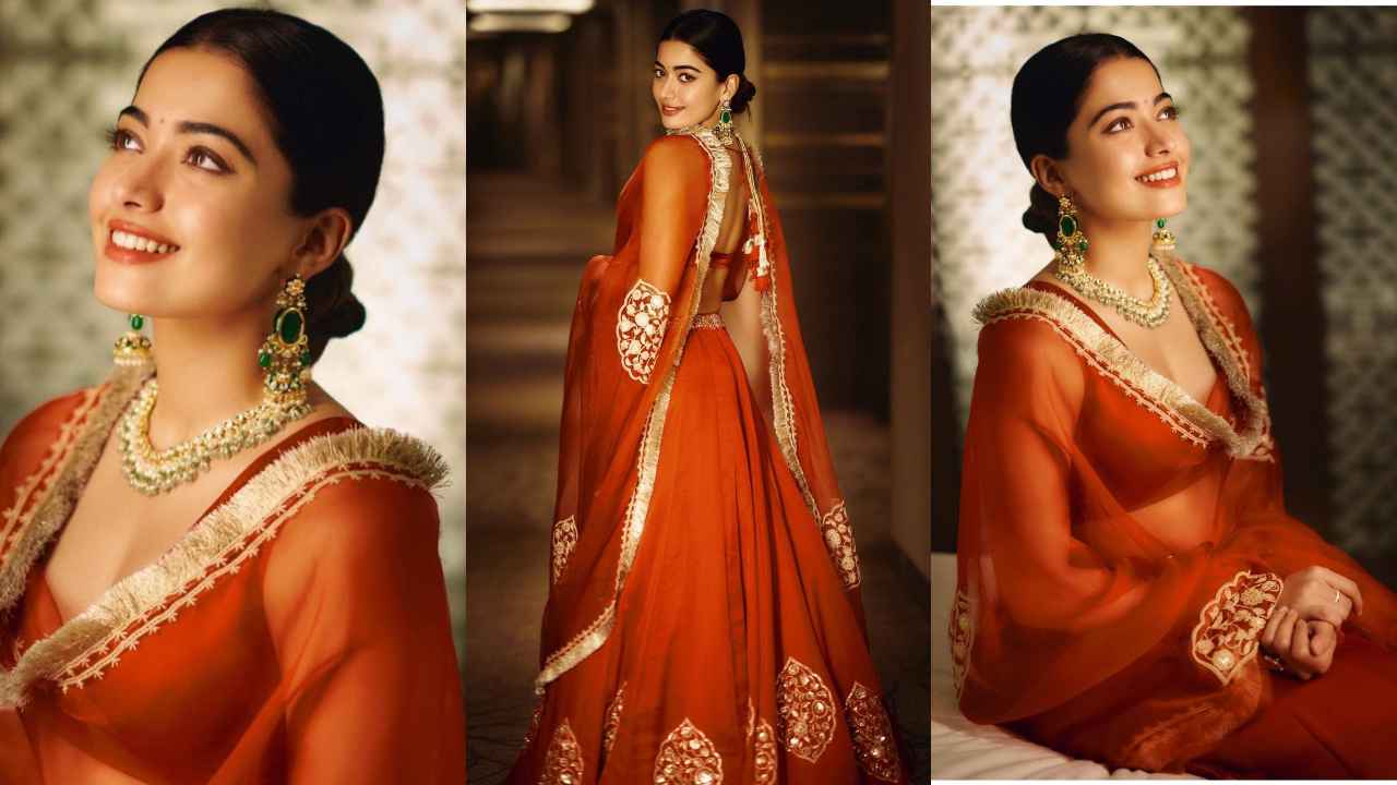 Rashmika Mandanna serves festive wear finesse in an alluring orange lehenga with intricate gold embroidery (PC: Rashmika Mandanna Instagram)